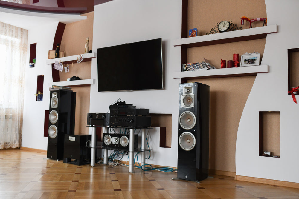 Home speaker system. Modern Home Theater Room Interior with Flat Screen TV